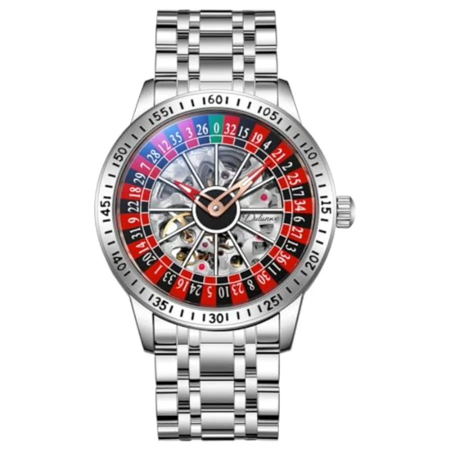 Men's Watch Automatic Hollow Mechanical Roulette Wheel Design 30M Waterproof Casual Fashion Wristwatches for Men