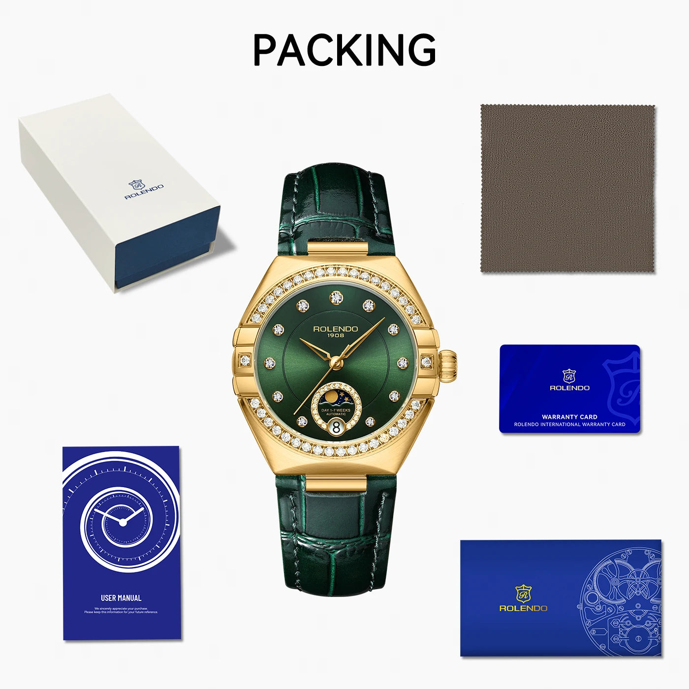 ROLENDO Diamond-Set Automatic Watches for Women Secret Emerald Sun-patterned Dial Date Waterproof Constellation Style Wristwatch