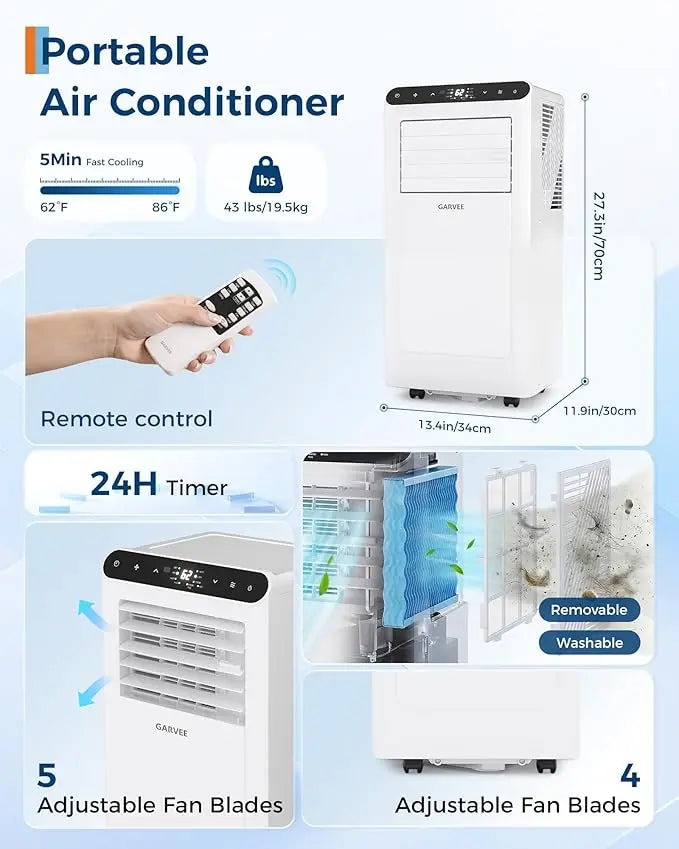8000 BTU Portable Air Conditioner, Quiet 3-in-1 Indoor AC Combining Cooling, Dehumidification, 24H Timer,Complete Window Kit