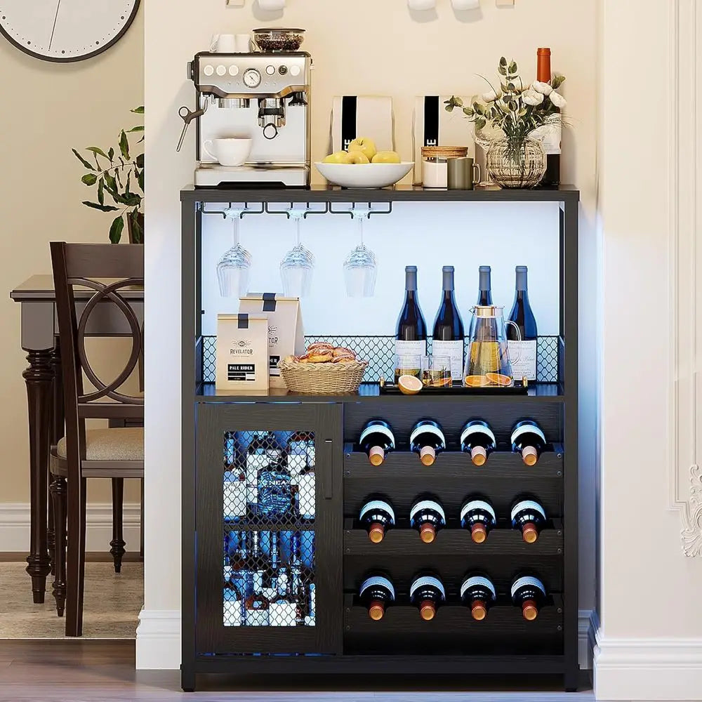 Industrial-Style LED-Lit Wine & Liquor Cabinet with Removable Glass Rack and Mesh Door, Black