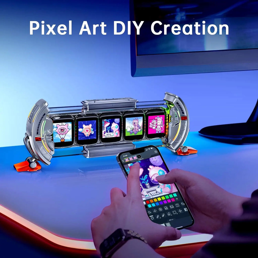 Cyberpunk Gaming Digital Alarm Clock, WiFi Smart Display, RGB LED Pixel Art for Desk Decor