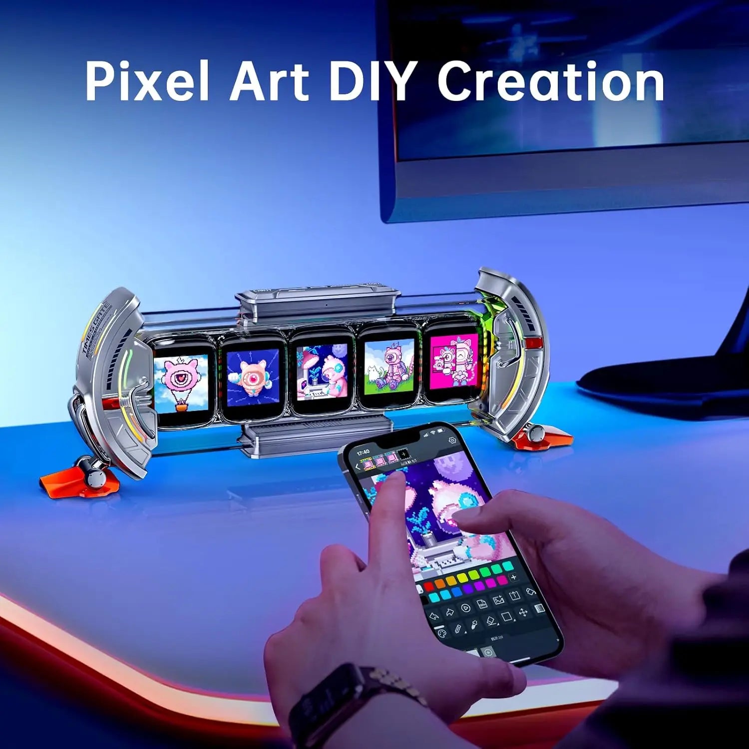 Cyberpunk Gaming Digital Alarm Clock, WiFi Smart Display, RGB LED Pixel Art for Desk Decor