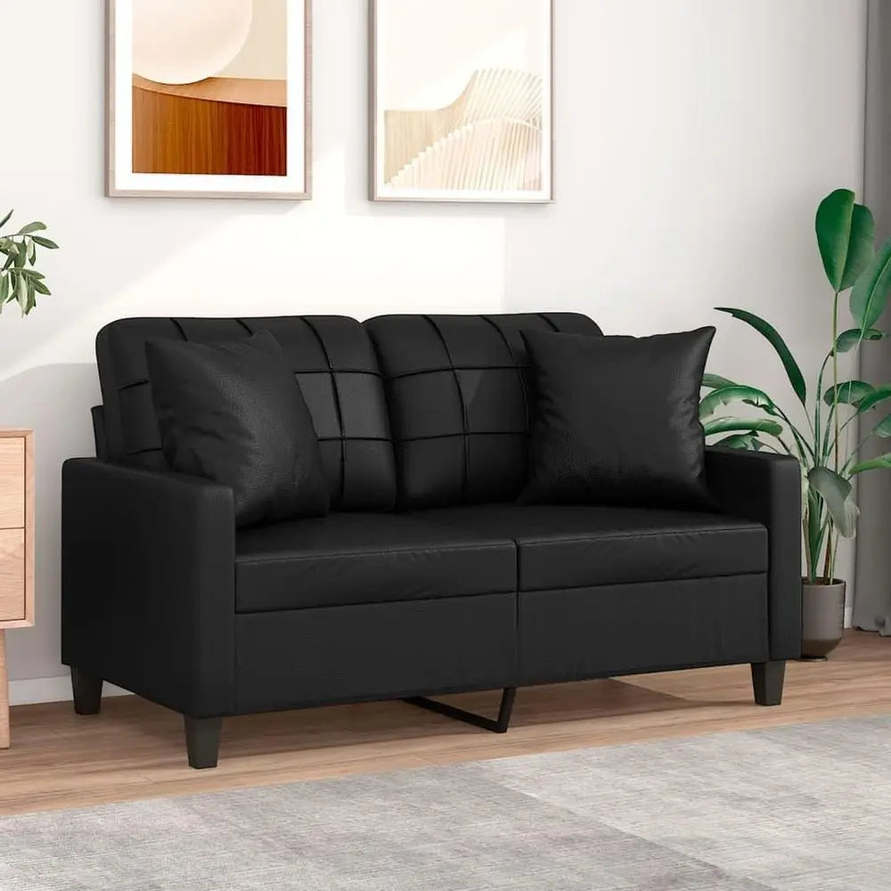 Contemporary 2-Person Sofa in Black Faux Leather with Cushioned Arms and Pillows, Metal Frame for Lounge, Living Room, Office