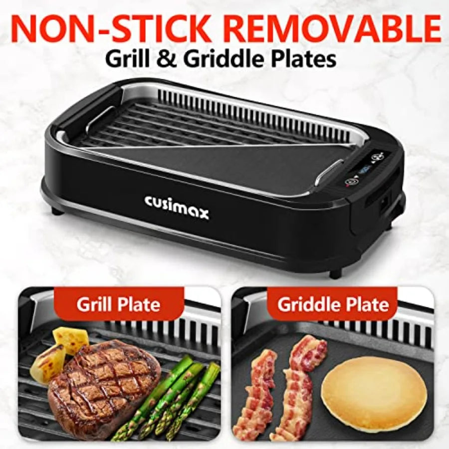 Indoor Grill Smokeless 1500W Electric Griddle for Korean BBQ with LED Smart Display Tempered Glass Lid Non-stick Removable Plat