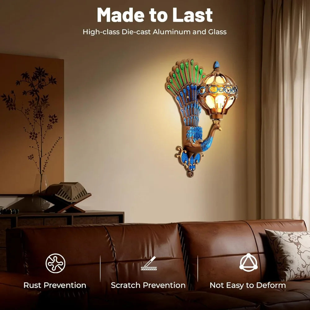 Antique Peacock Wall Lamp,Exterior Wall Light Fixture LED Phoenix Wall Sconce Vintage Peacock Rustic Exterior Wall Light Sconce