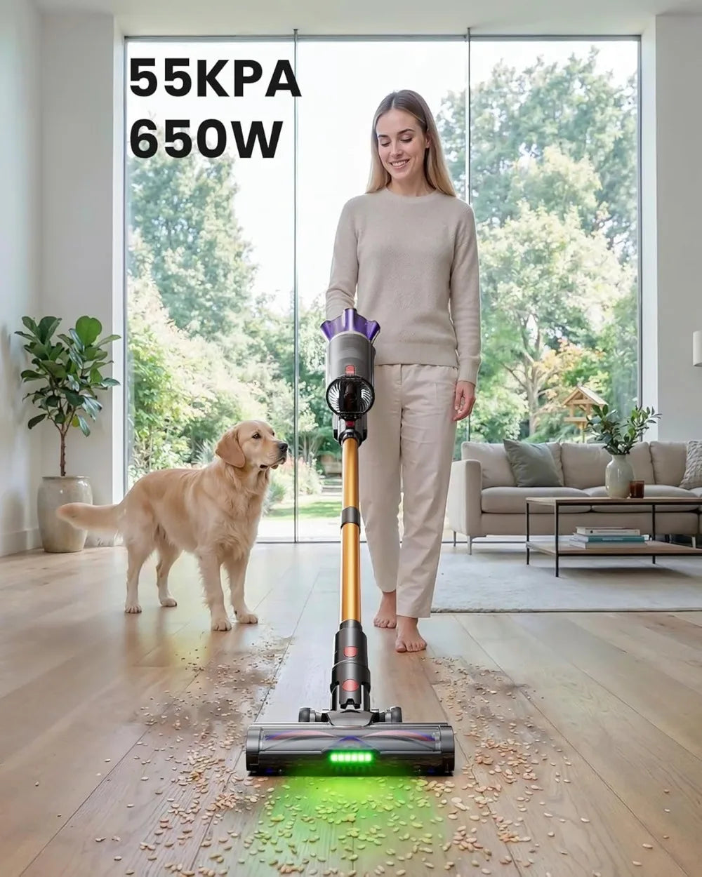 650W 55Kpa 70Mins Cordless Vacuum Cleaner with Hurricane Mode, 1.8L Cup, Anti-Tangle, Self-Standing for Home Pet Hair Carpets