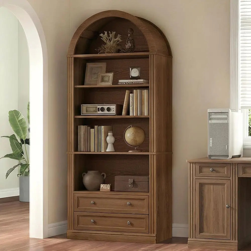 7-Tier Arched Bookshelf with Storage, Suitable for Home and Office, Walnut Finish