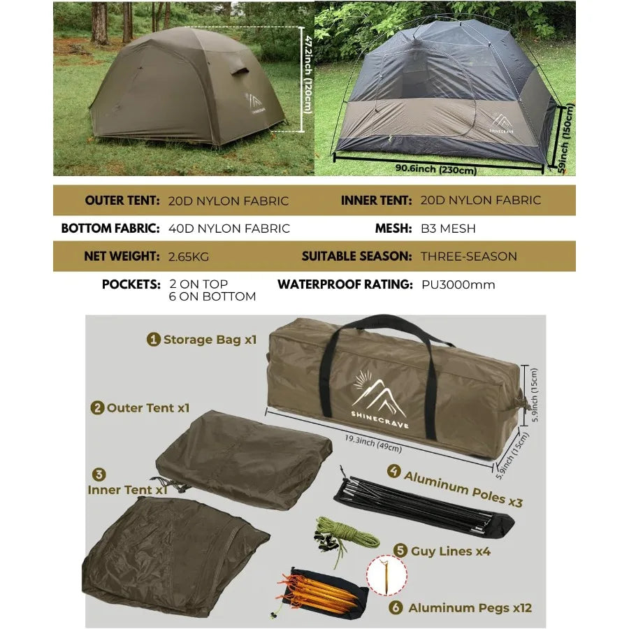2 Person Ultra Large Capacity Camping Tent Made of 20D Nylon with PU3000mm Waterproofing Lightweight Free Standing Design for 3