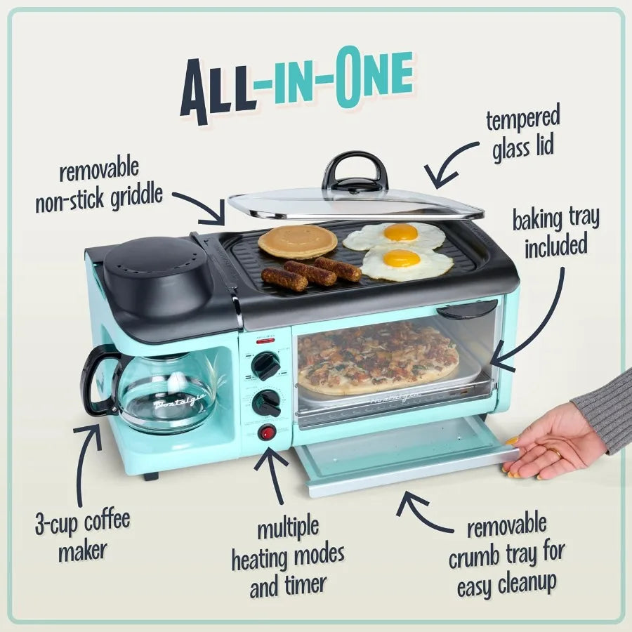 3-in-1 Breakfast Station with Coffee Maker Non-Stick Griddle and 4-Slice Toaster Oven - Versatile Breakfast Maker with Timer -