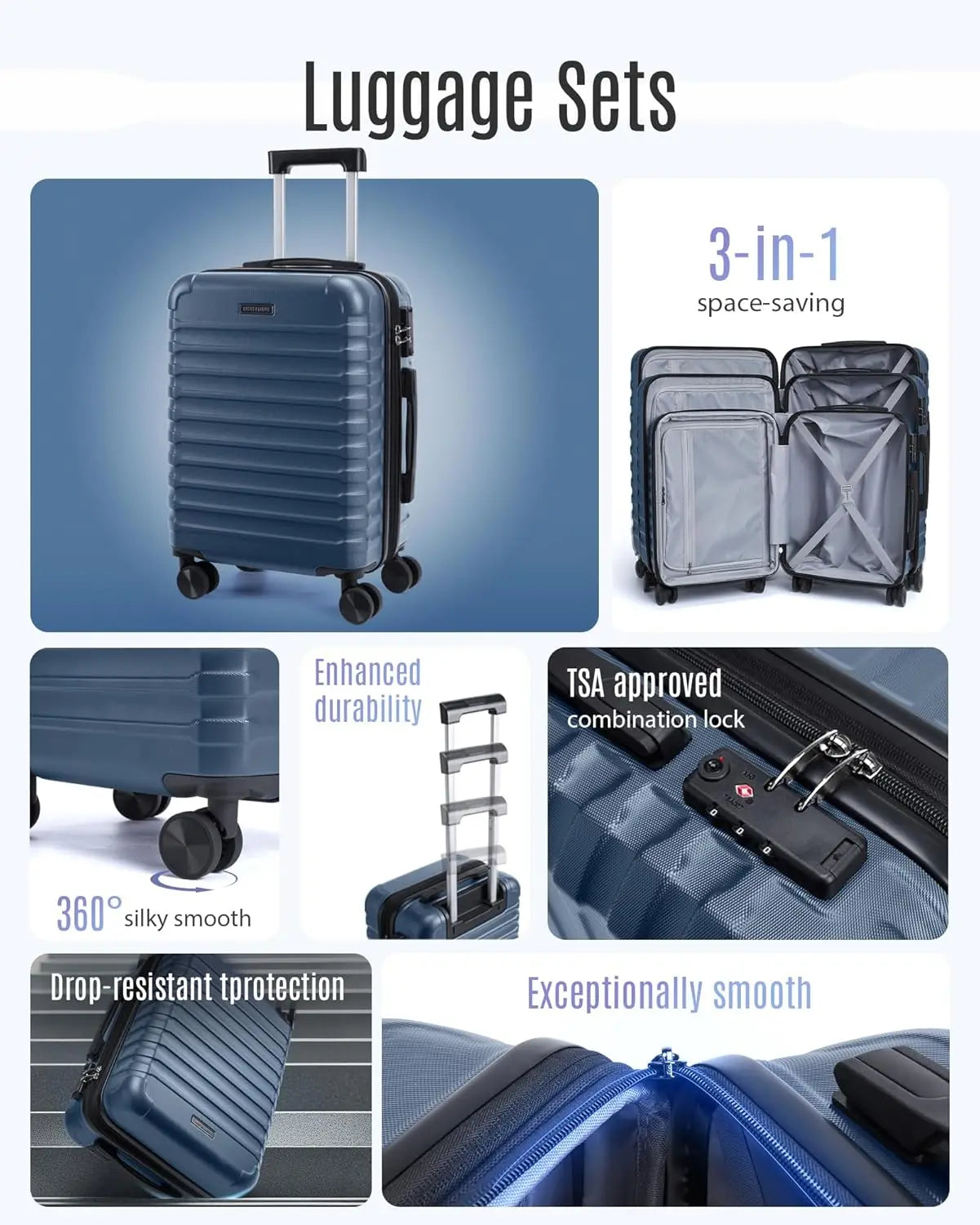3-Piece Lightweight Luggage Set with Spinner Wheels, TSA Lock, Hard Shell Suitcases in Royal Blue, 20/24/28 Inch