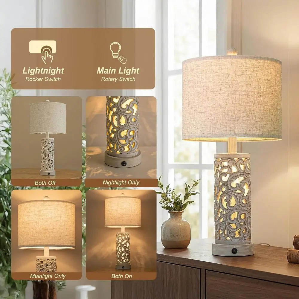 Vintage 2-Piece Table Lamp Set with USB and Night Light, 22 Arm, Bedroom and Living Room Lighting, Bulb Included
