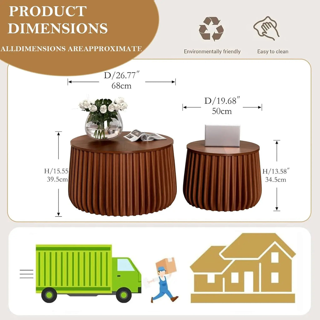 Round Storage Fluted Nesting Coffee Table Set of 2, Mid Century Modern Handcraft Circle Nested Coffee Table Set for, Customized