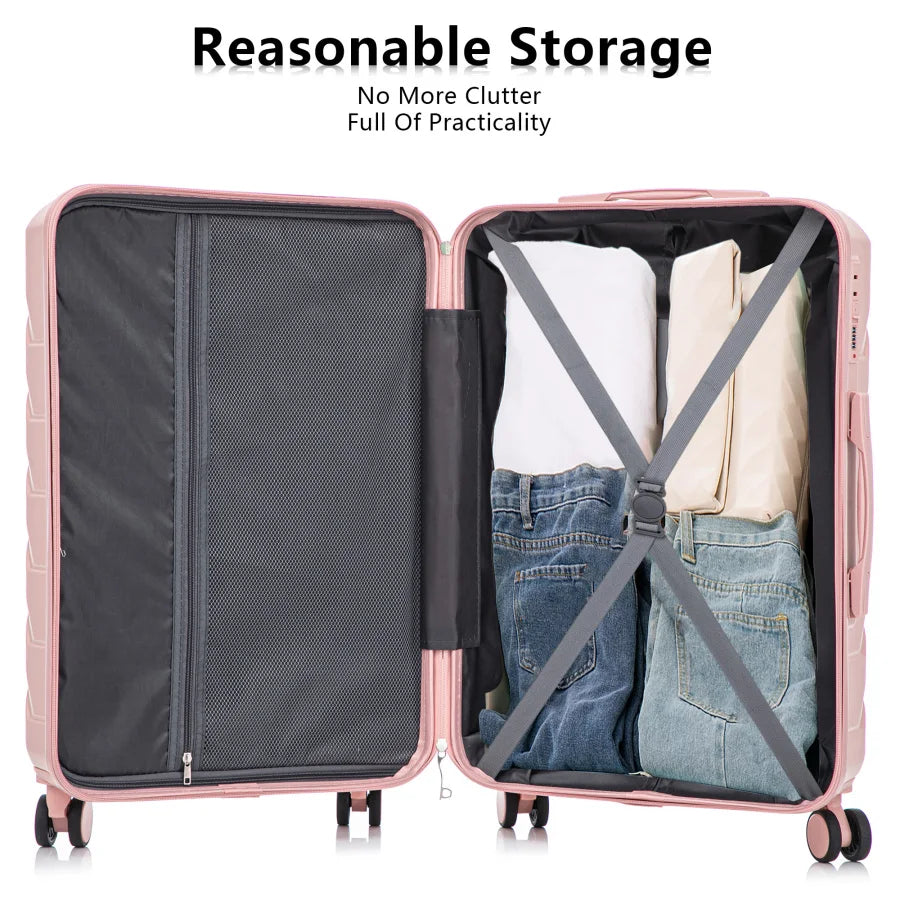 Tourist luggage set for travel: ABS spinner wheels, 20/24/28, matching pink color, includes combination lock
