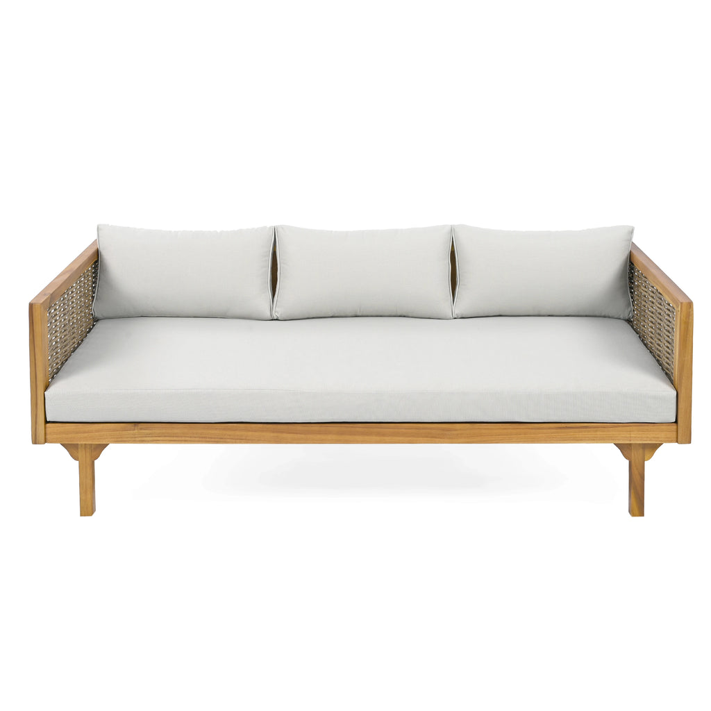3 Seater Sofa Acacia Wood Outdoor Daybed Convertible Bed with Rattan Arm Cushion Pillow for Patio Garden