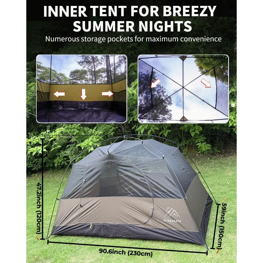 2 Person Ultra Large Capacity Camping Tent Made of 20D Nylon with PU3000mm Waterproofing Lightweight Free Standing Design for 3