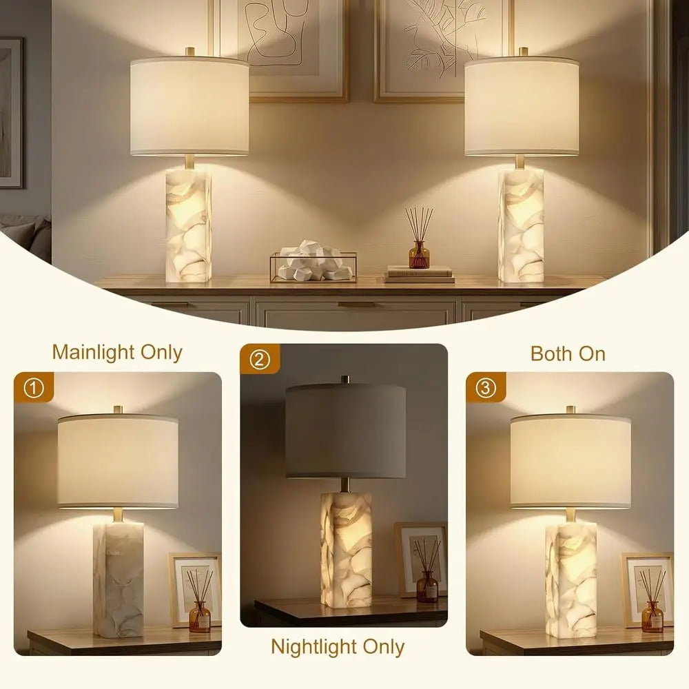 Alabaster Table Lamp Set of 2 with Night Light, 23 Rotary Switch, Linen Shade, Ideal for Bedroom, Living Room, Office or Dorm (B