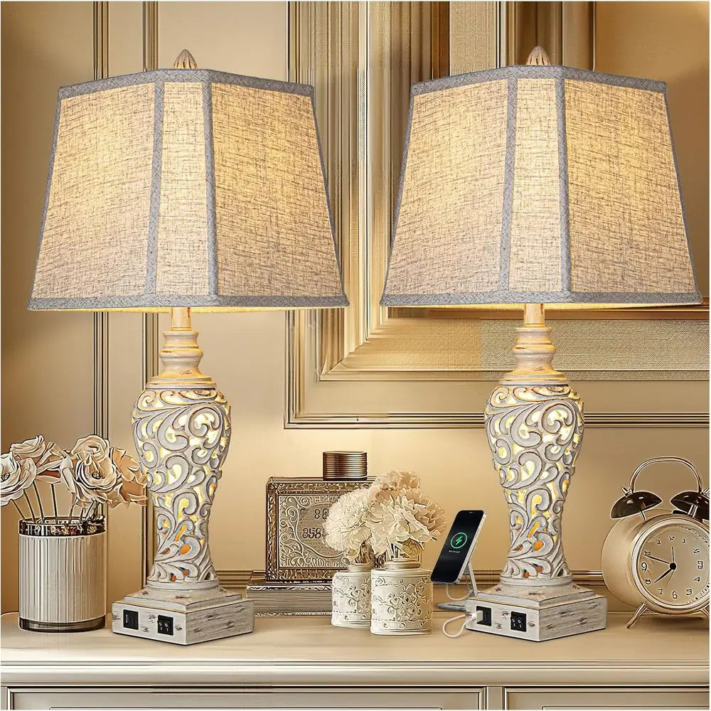 28.5 Dual Table Lamp Set with Fabric Shades - Ideal for Bedrooms and Living Rooms, USB & Nightlight Features
