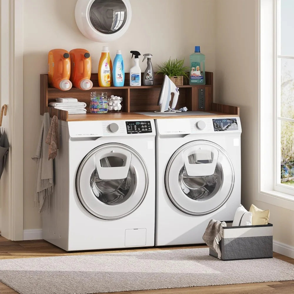 Upgraded 2-Tier Washer & Dryer Countertop with Outlet, 54"W x 27.6"D Large Laundry Topper, Non-Slip Pads & Hooks