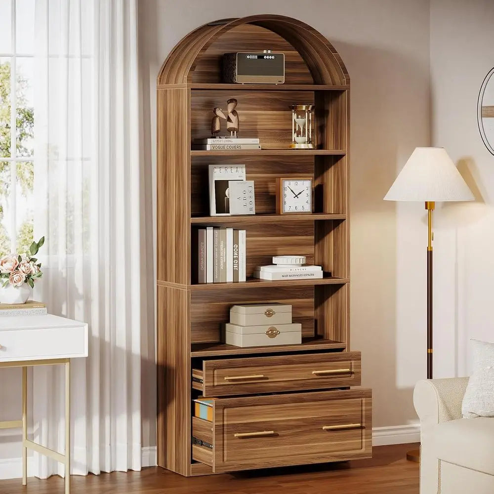 76.8 Walnut Brown 5-Tier Arched Bookcase with Cabinet, Large Standing Wooden Shelves for Home Office, Living Room Display Storag