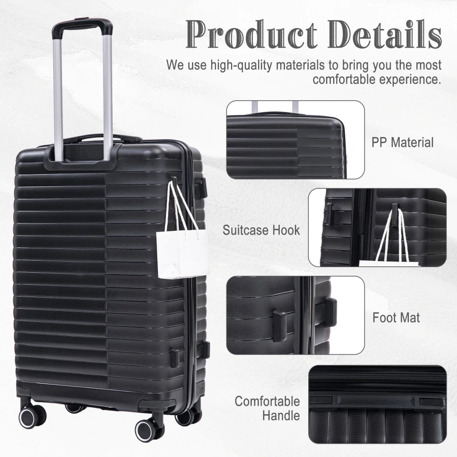 Carry on suitcase set for travel: PP spinner wheel luggage in black, 14/20/24/28, iron pull rod, combination password lock, inc