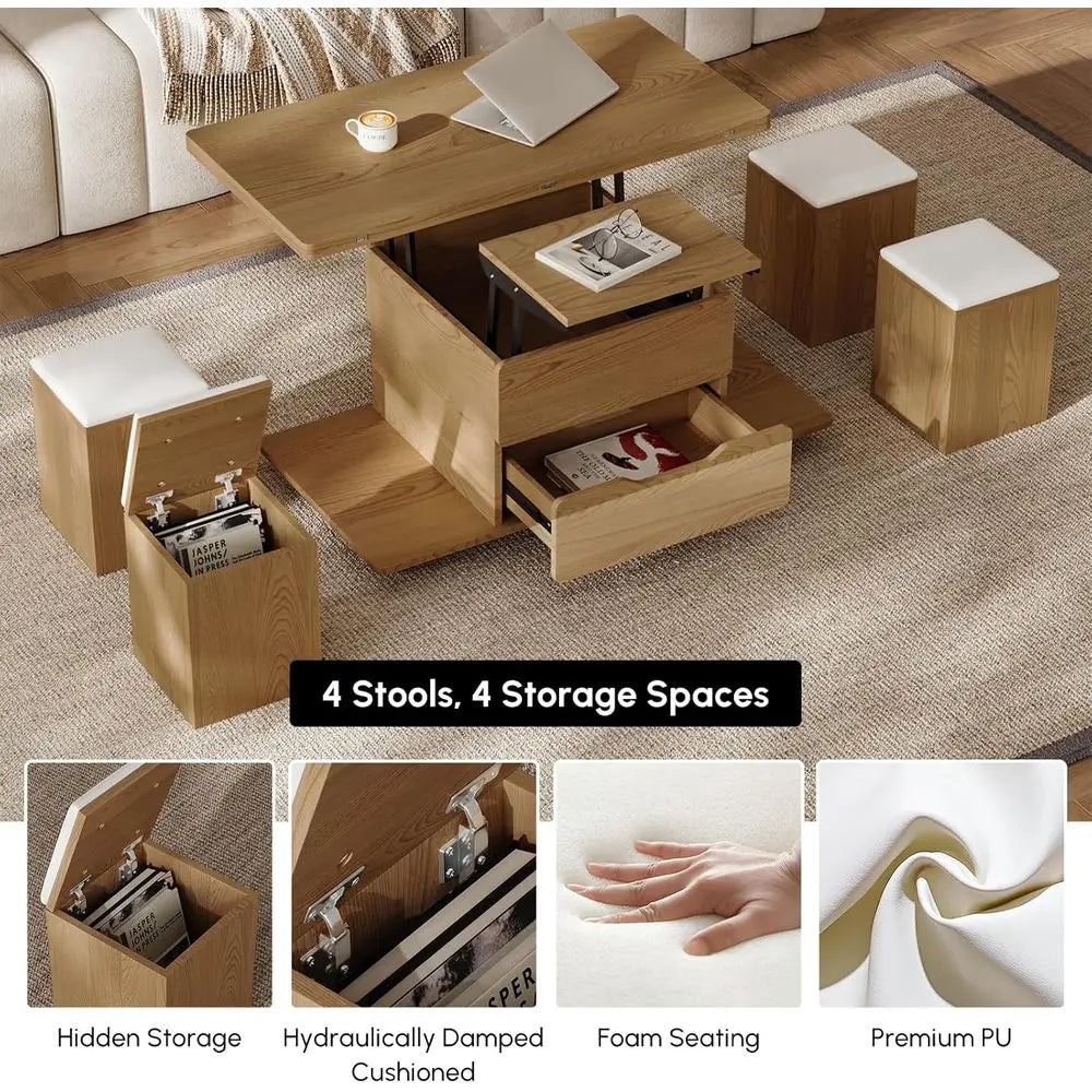 Natural Wood Coffee Table with Hidden Storage, 3-in-1 Multifunctional Center Table with 4 Stools and Wheels