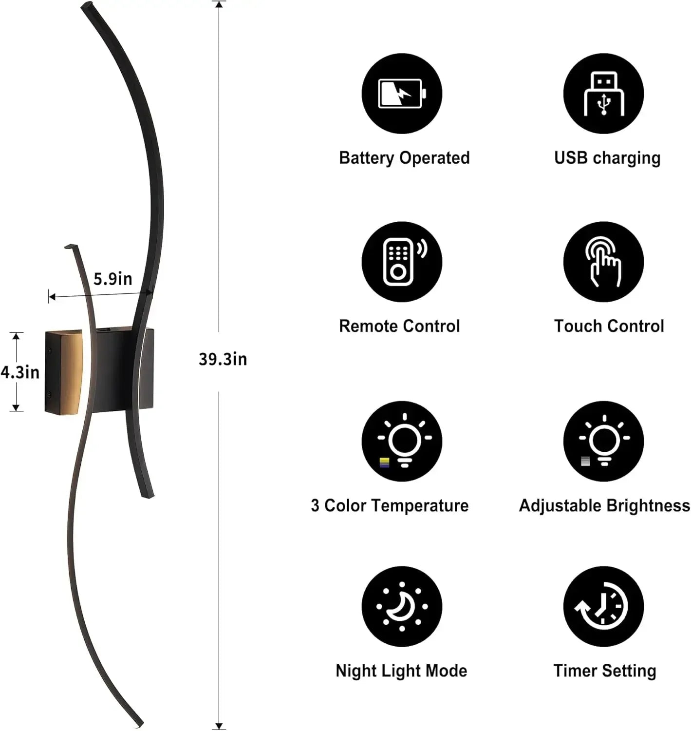 Battery Operated Wall Sconces Set of Two with Remote Control, Stepless Colors 3000K-6000K & Dimming, LED Black Wireless Wall Lig