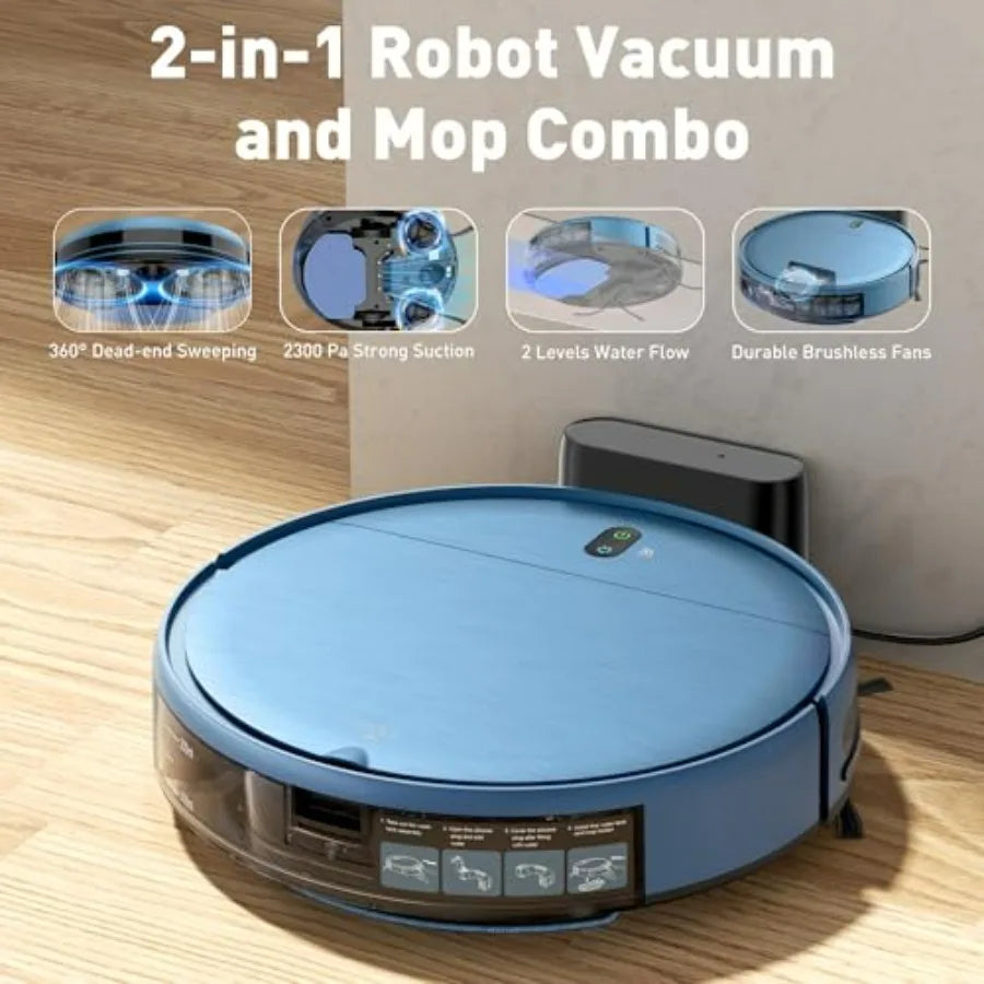 Robot Vacuum and Mop Combo for Pet Hair on Carpets and Hard Surfaces, Slim Self-Charging 2-in-1 Floor Cleaner with Strong Sucti