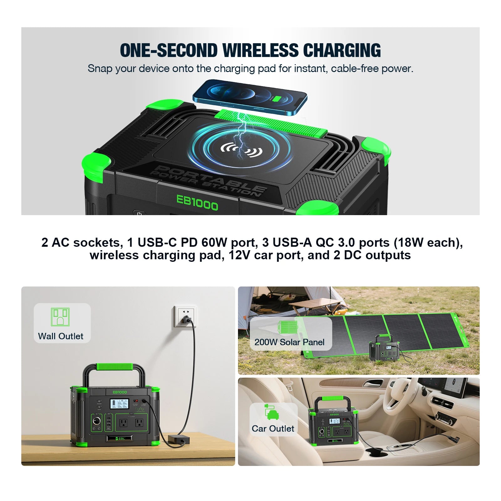 EBL Portable Solar Generator 999W Power Station Wireless Charging 110V PD 60W Fast Charge Battery, AC,  Vehicle DC, Solar Charge