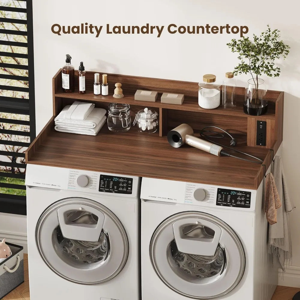 Upgraded 2-Tier Washer & Dryer Countertop with Outlet, 54"W x 27.6"D Large Laundry Topper, Non-Slip Pads & Hooks