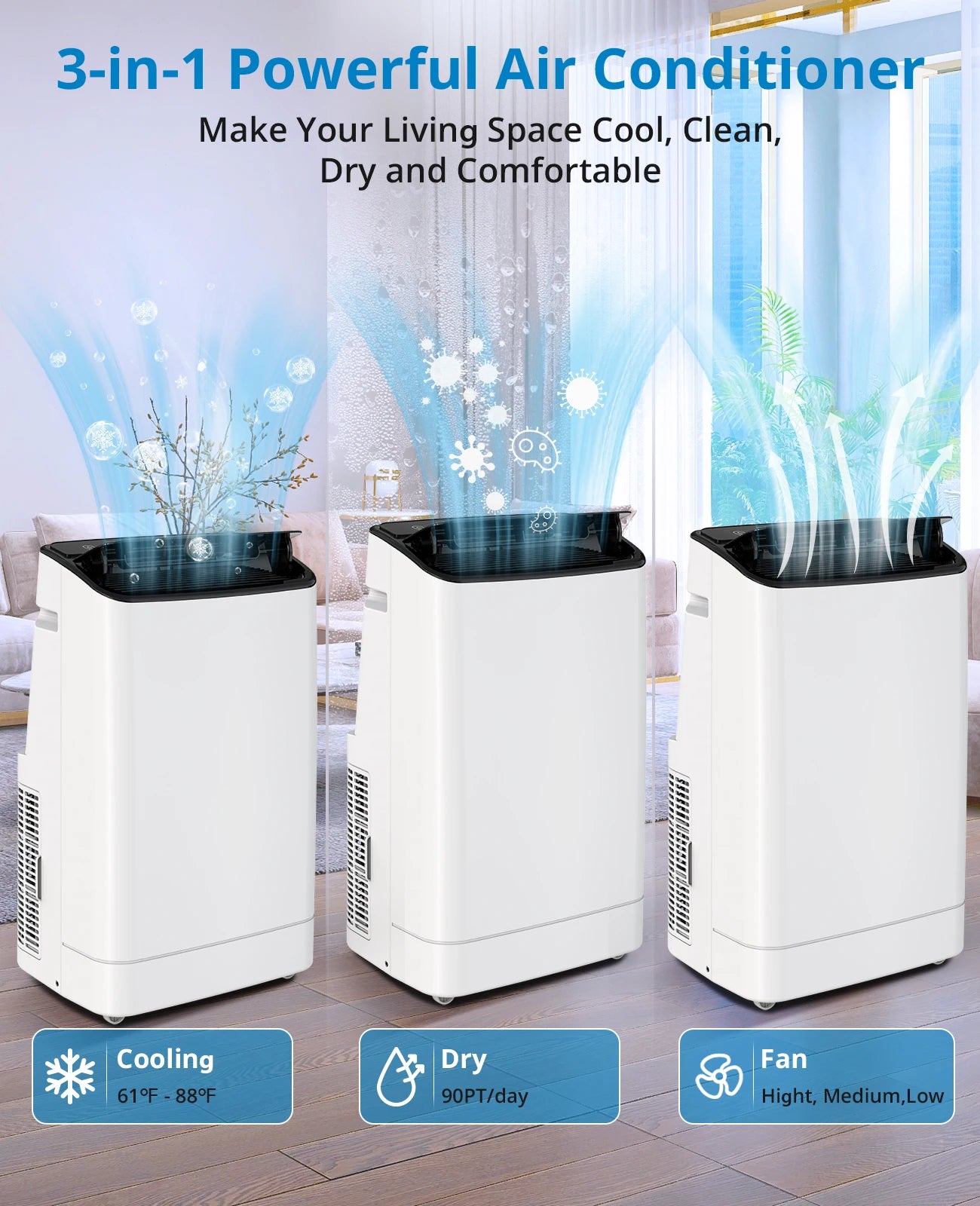 14000BTU Portable Air Conditioner, 3-in-1 Cooling Fan Dehumidifier, Remote Control & Window Mount Kit, Energy Efficient for Home