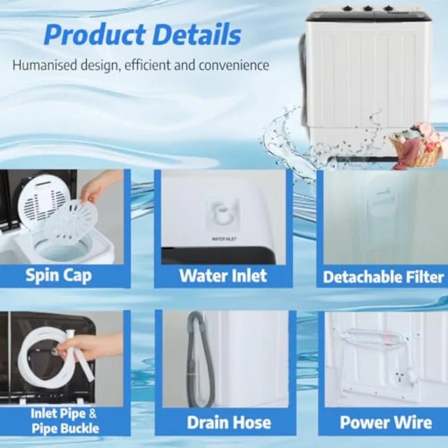 Portable 30Lbs Twin Tub Washing Machine Washer and Dryer Combo Compact Laundry Machine with Drain Pump Time Control Semi-Automa
