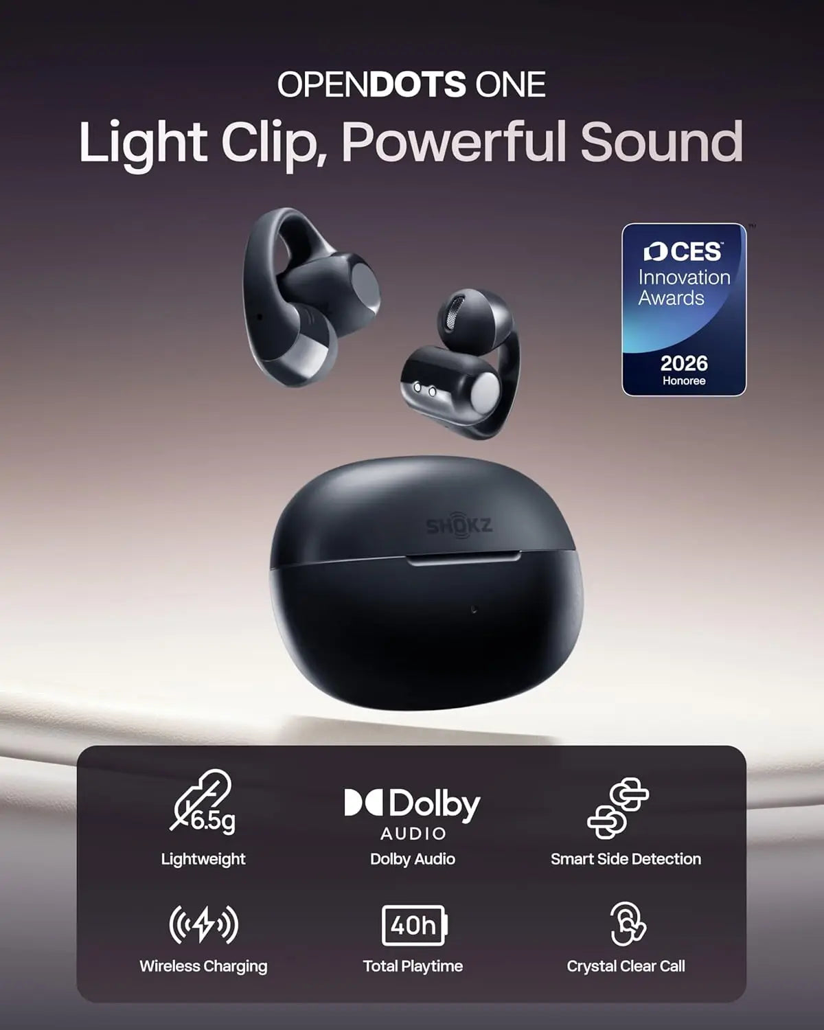 Open-Ear Clip-On Wireless Earbuds with Dolby Audio, 40-Hour Playtime, Water Resistant, Fast Charging