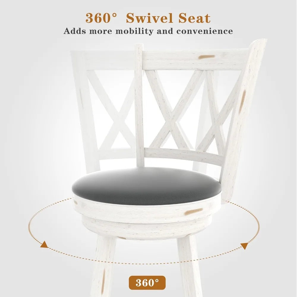 24 Inch High Back Swivel Bar Stools with Upholstered Seats and Solid Wood Footrests