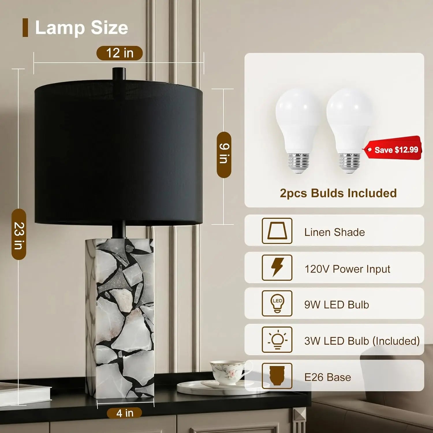 Modern Black Table Lamp Set of 2 with Night Light, Rotary Switch, Linen Shade for Living Room Bedroom Office (Bulb Included)