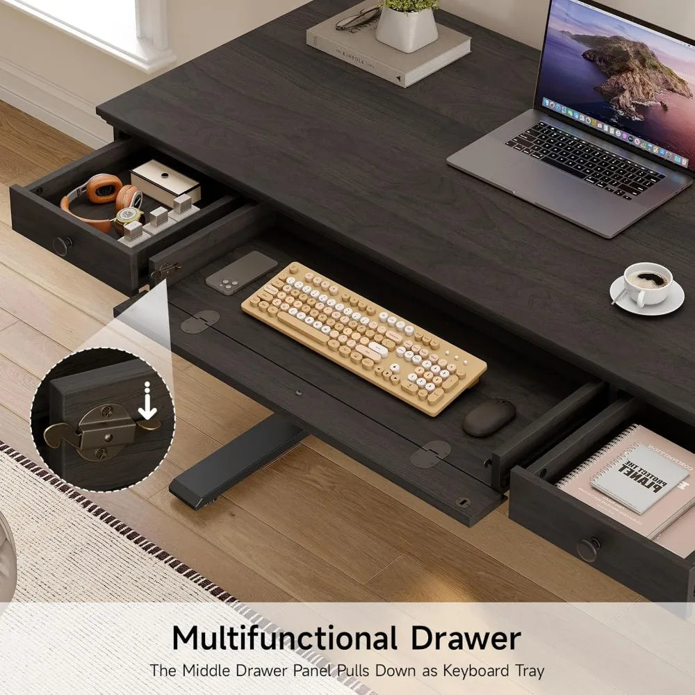 Standing Desk with Drawers, 55 x 23 Inch Electric Height Adjustable Desk with Storage & Outlets, for Computer Workstation, Home
