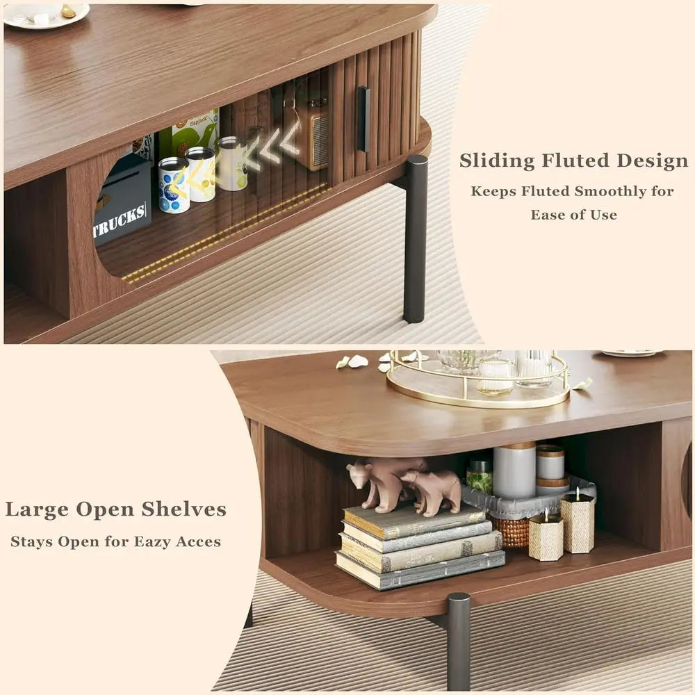 Rustic 2-Tier Walnut Coffee Table with Storage and Sliding Cabinet Door