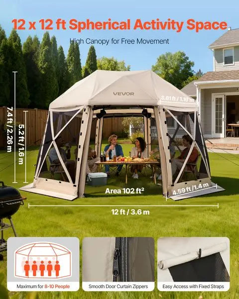 Pop up Gazebo Screen Tent, 12 x 12 ft, 13-Sided Spherical Camping Canopy Tent with Removable Top & Carry Bag, Quick-Set