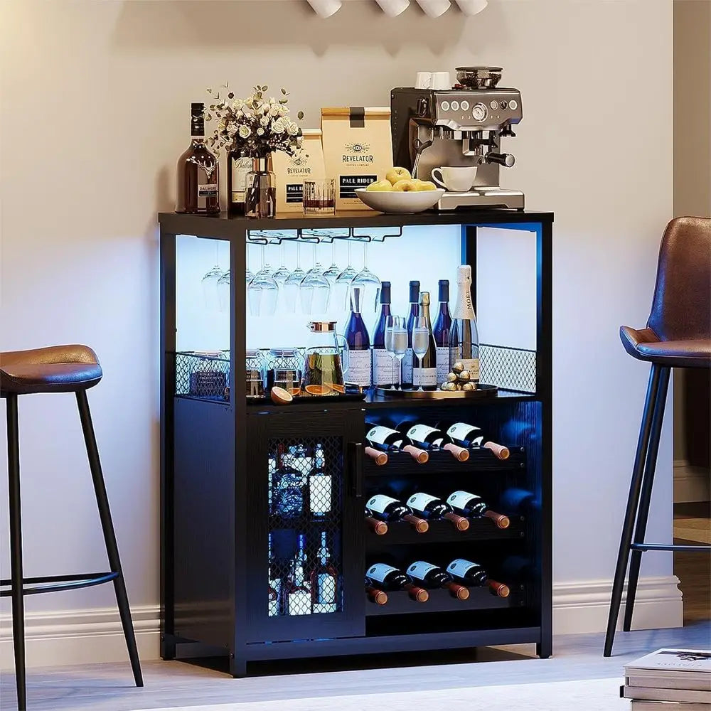 Industrial-Style LED-Lit Wine & Liquor Cabinet with Removable Glass Rack and Mesh Door, Black