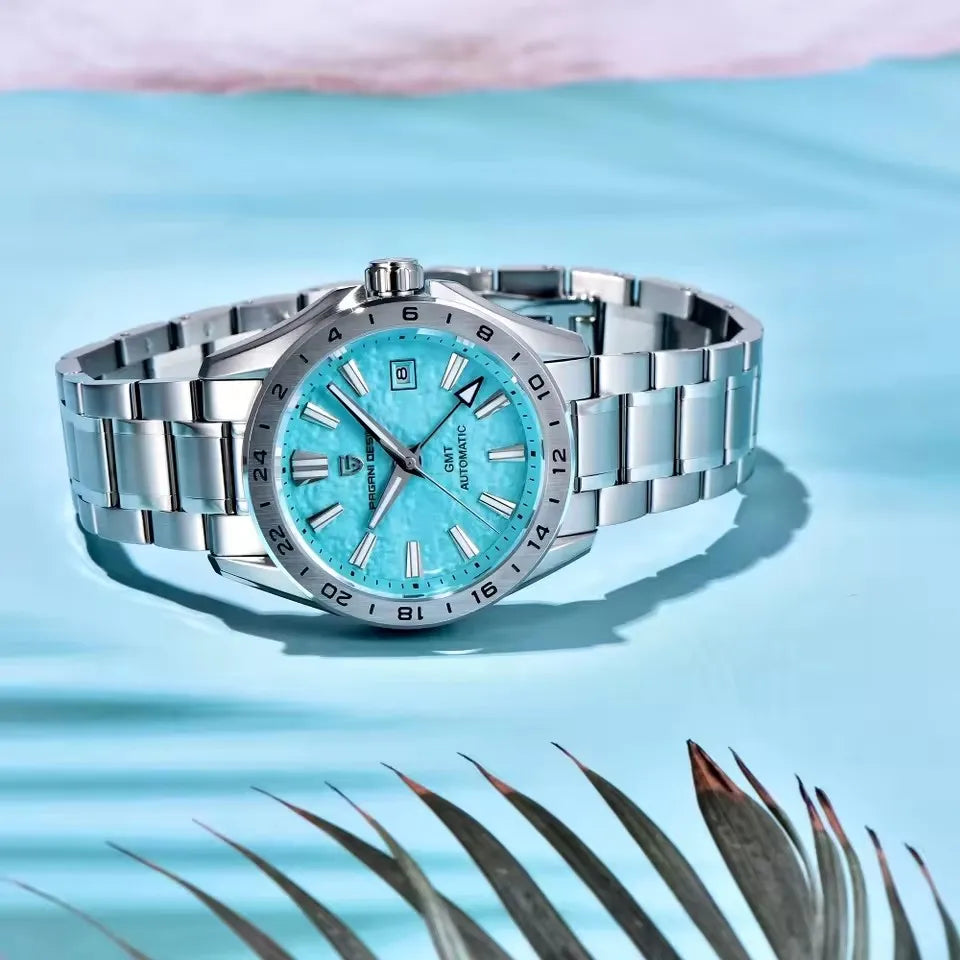 PAGANI DESIGN 39MM New GMT Sky blue dial Luxury Men Mechanical Watch Water Resistance Sapphire Glass Automatic watches for men