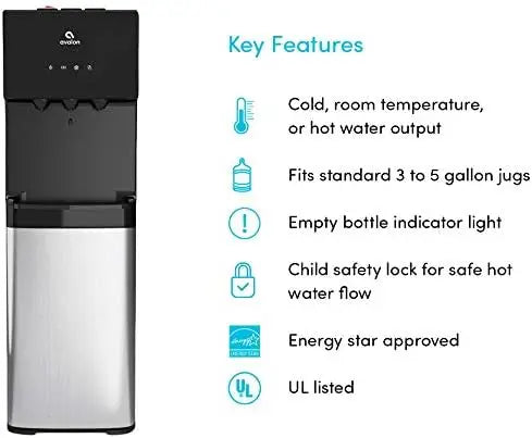Bottom Loading Water Cooler Dispenser with BioGuard - Hot, Cold & Room Water, Stainless Steel, Anti-Microbial Coating, UL Listed
