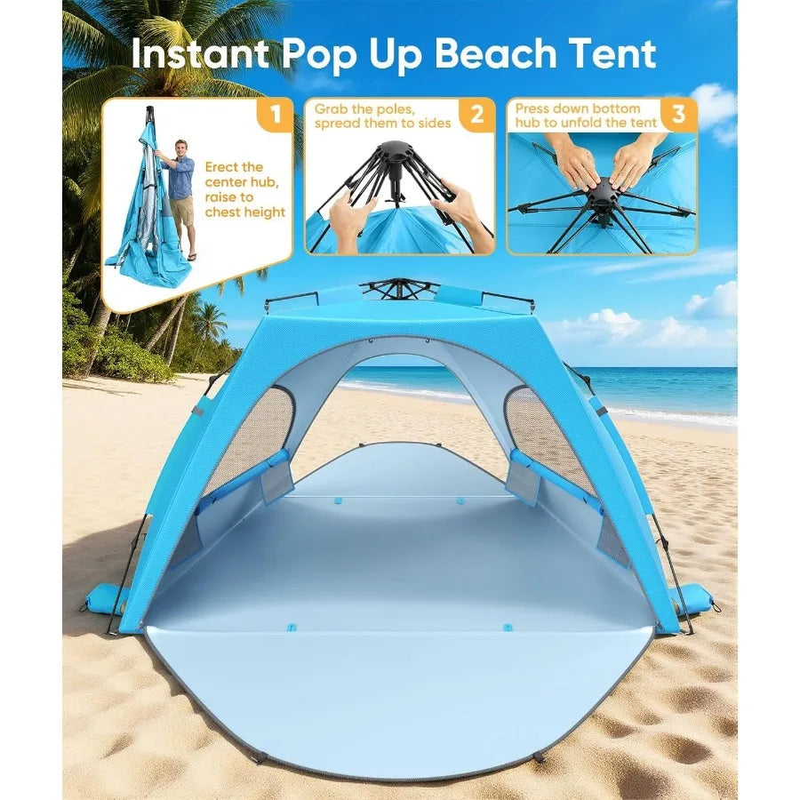 Beach Tent Sun Shelter for 5-6 Person, Polyester Fabric, Navy Blue, UPF 30+ UV Protection Breathable Mesh Windows