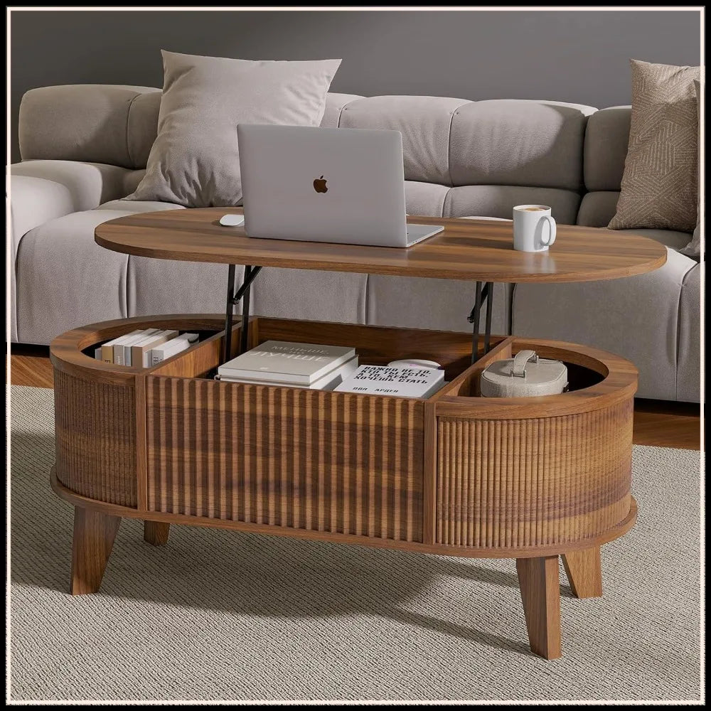 Fluted Lift Top Coffee Table with Storage, Modern Oval Coffee Table for Living Room or Home Office (Walnut)