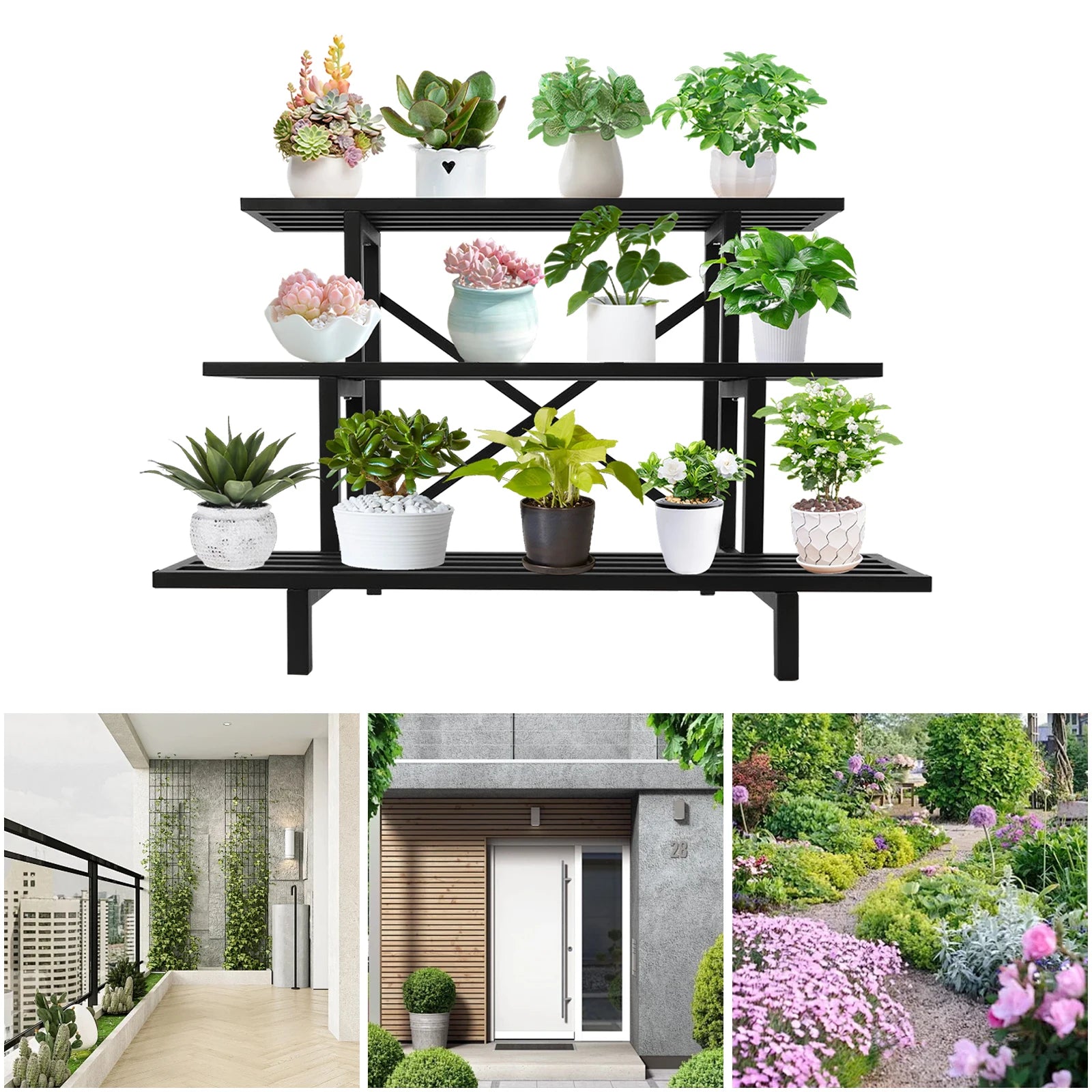 3 Tier Plant Stand, Metal Plant Rack Shelf, Indoor Outdoor Flower Pot Display Holder for Home Garden Decor