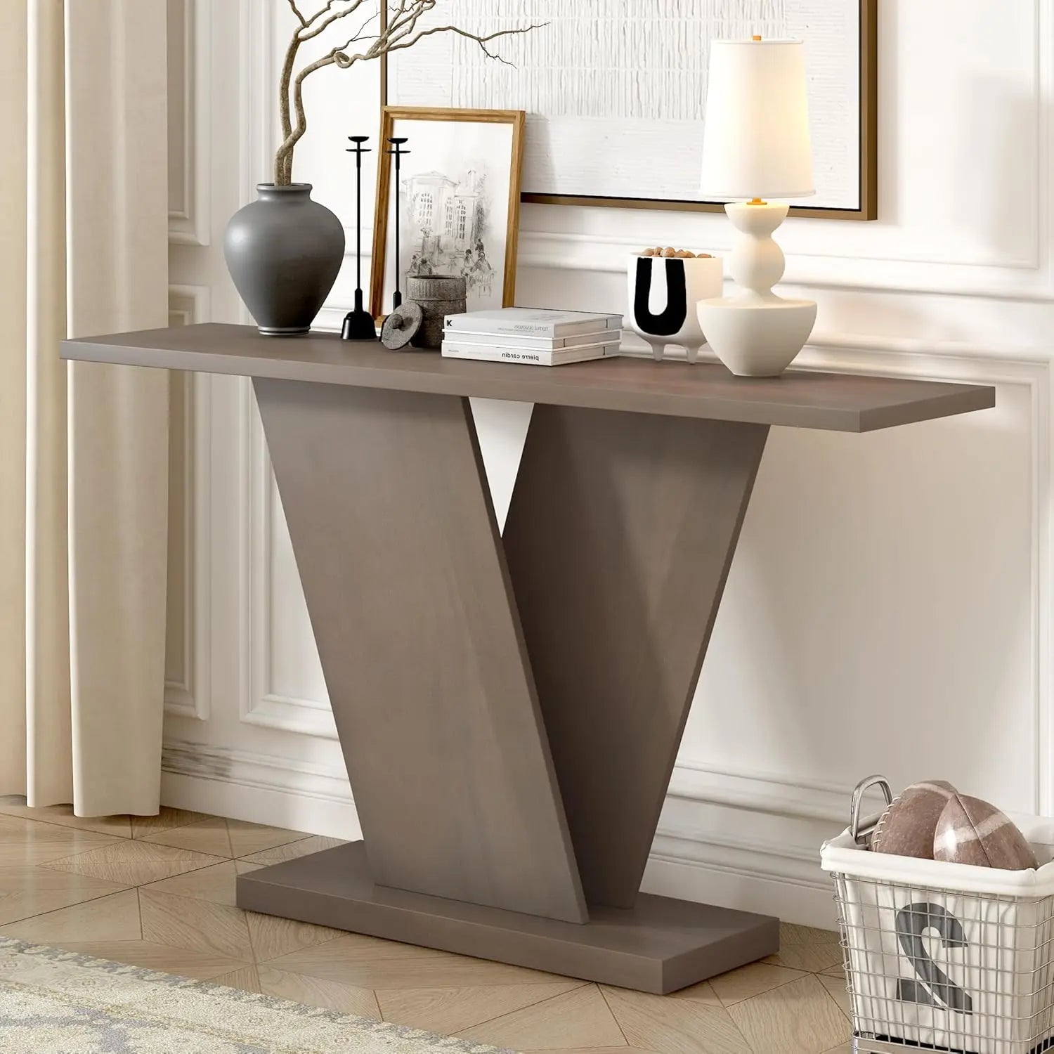 V-Shaped Base Console Table Natural Wood Veneer Entryway Hallway Living Room 59.8" W X 14.2" D X 33.8" H, Customized
