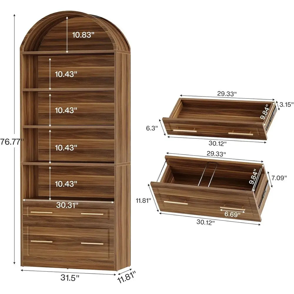 76.8 Walnut Brown 5-Tier Arched Bookcase with Cabinet, Large Standing Wooden Shelves for Home Office, Living Room Display Storag