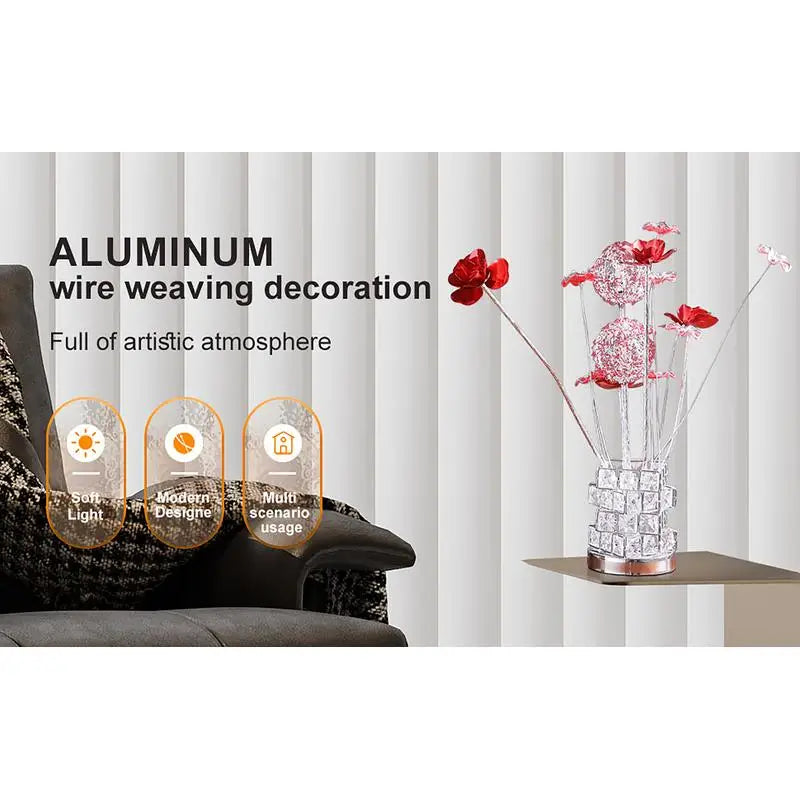 Red Roses 6 Petal Floral Table Lamp with Red/Silver Flower Bud in Modern Hexagonal Chrome Vase for Living Room or Bedroom, LED