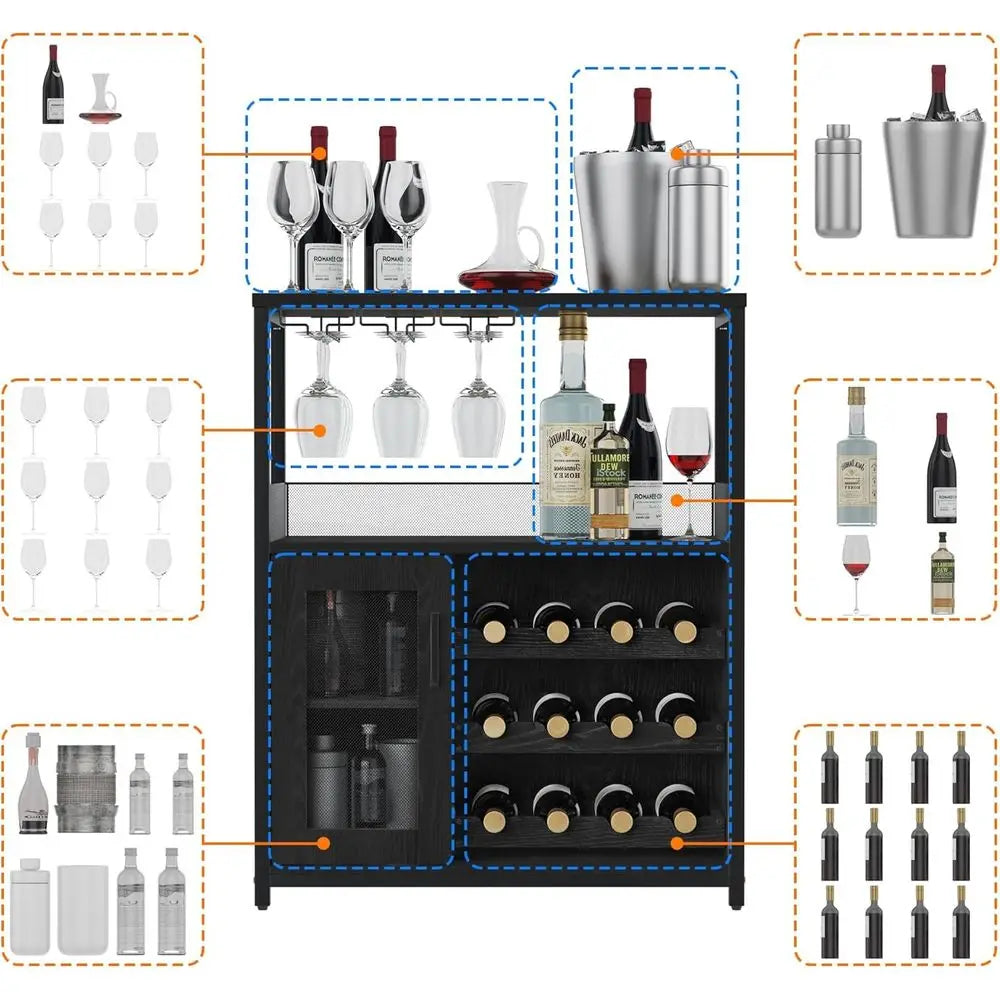Industrial-Style LED-Lit Wine & Liquor Cabinet with Removable Glass Rack and Mesh Door, Black