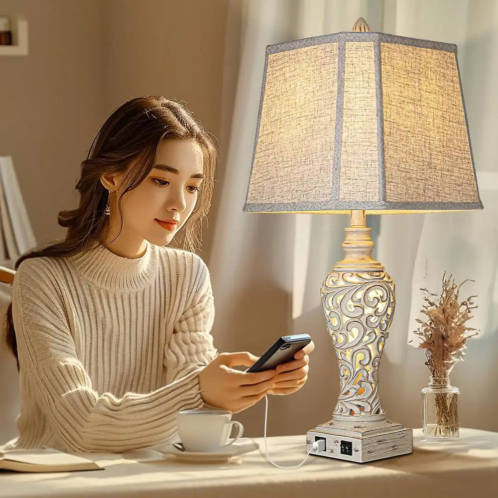 28.5 Dual Table Lamp Set with Fabric Shades - Ideal for Bedrooms and Living Rooms, USB & Nightlight Features