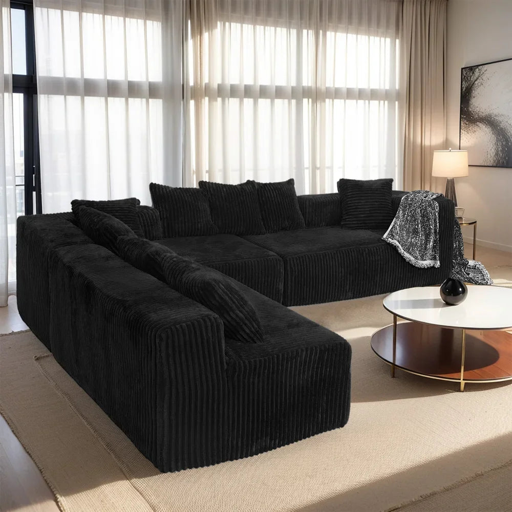 U-Shaped Sectional Sofa,130-inch 4-Seater Chaise Lounge with Striped Corduroy Fabric  Customizable Living Room or Bedroom Couch