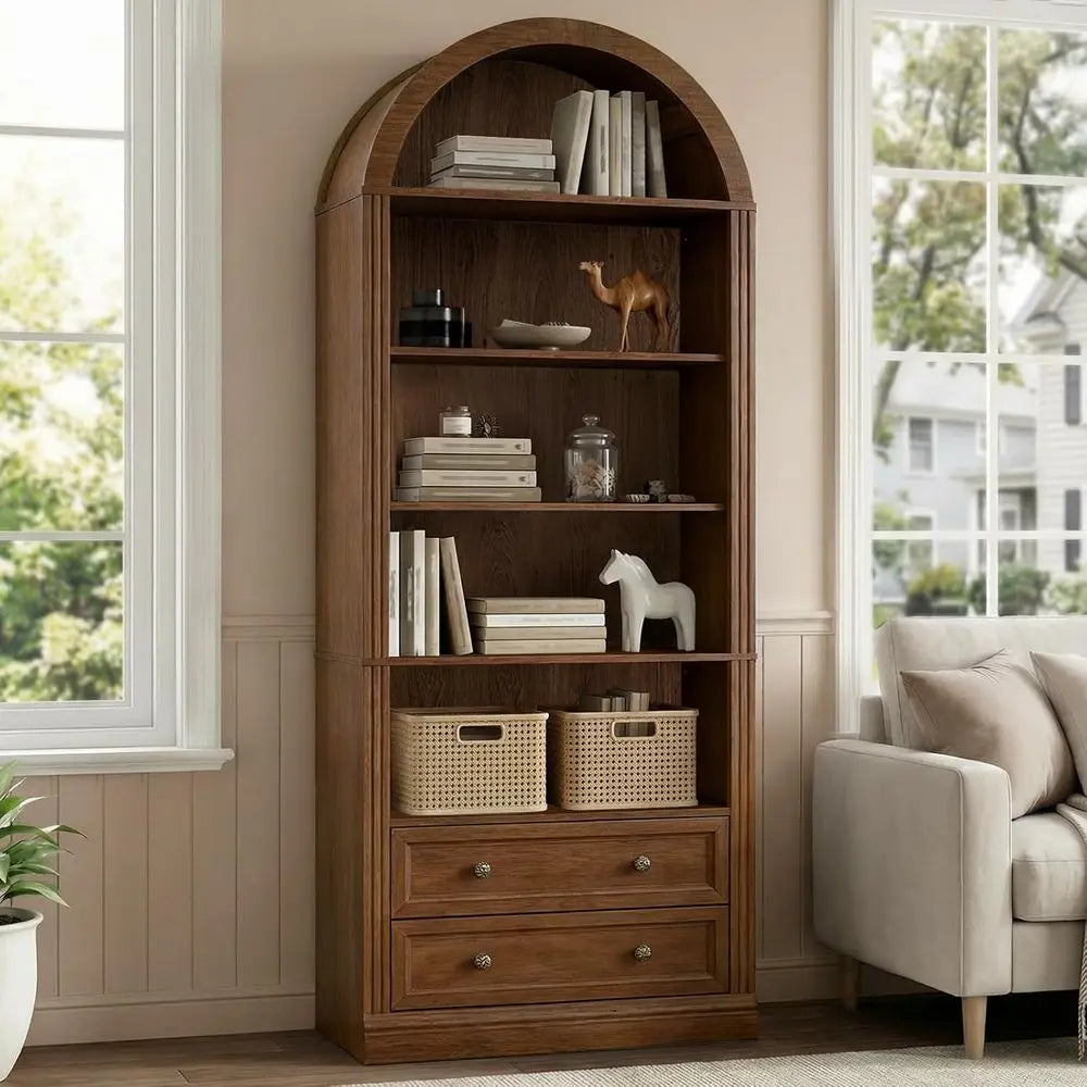 7-Tier Arched Bookshelf with Storage, Suitable for Home and Office, Walnut Finish